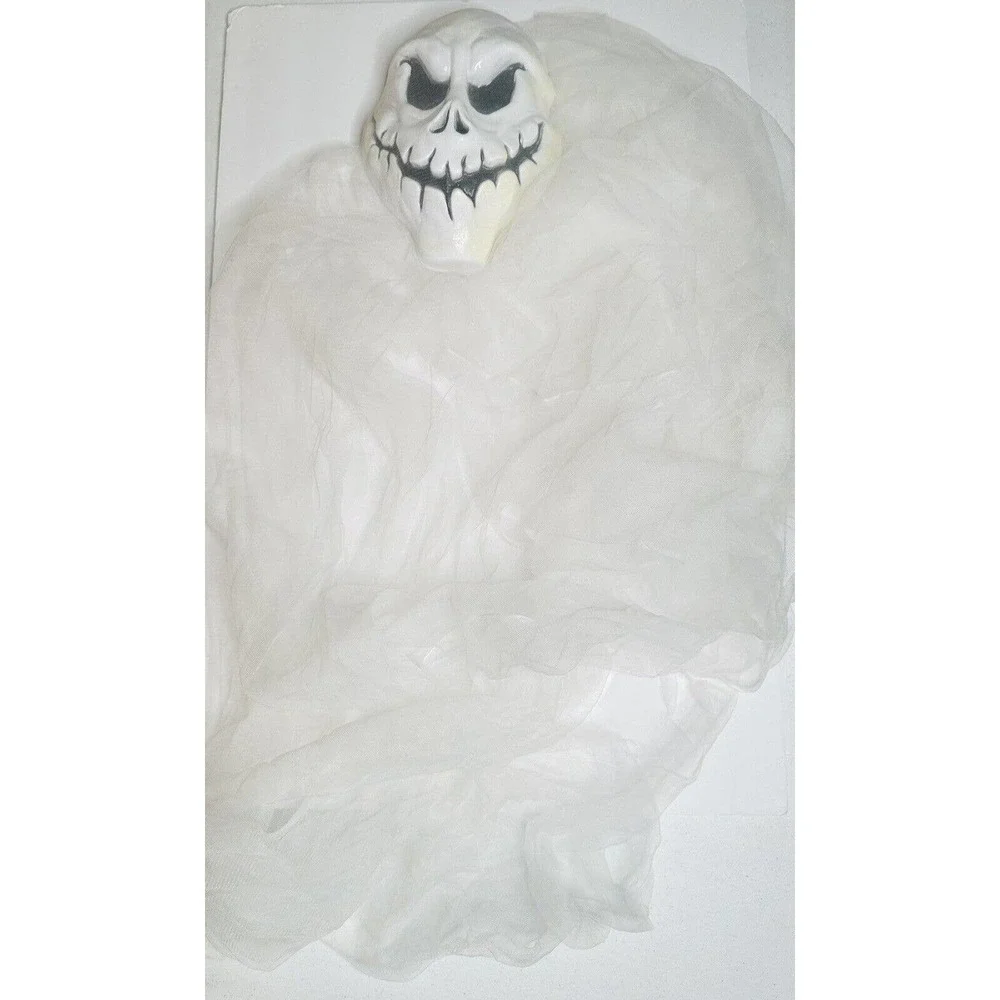 Scary Ghost White Plastic Face Mask Decor with Long White Flowy Tulle